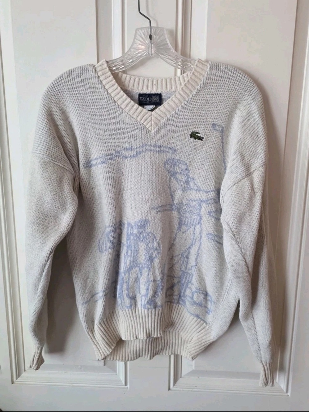Vintage Lacoste Men's Cream V-Neck Graphic Sweater